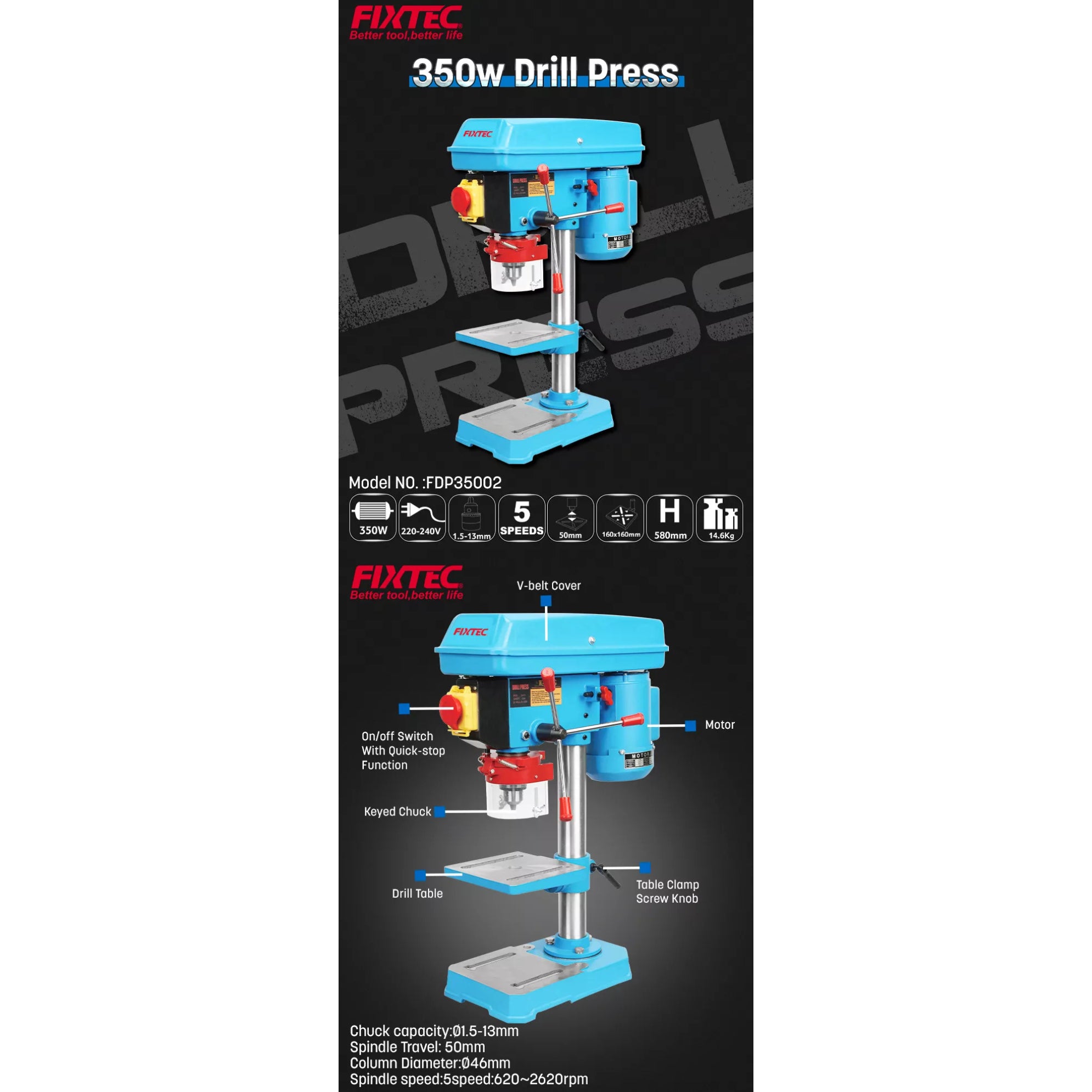 Taladro De Pedestal 13mm Fixtec Fdp35002 - 350w + 3 Piezas